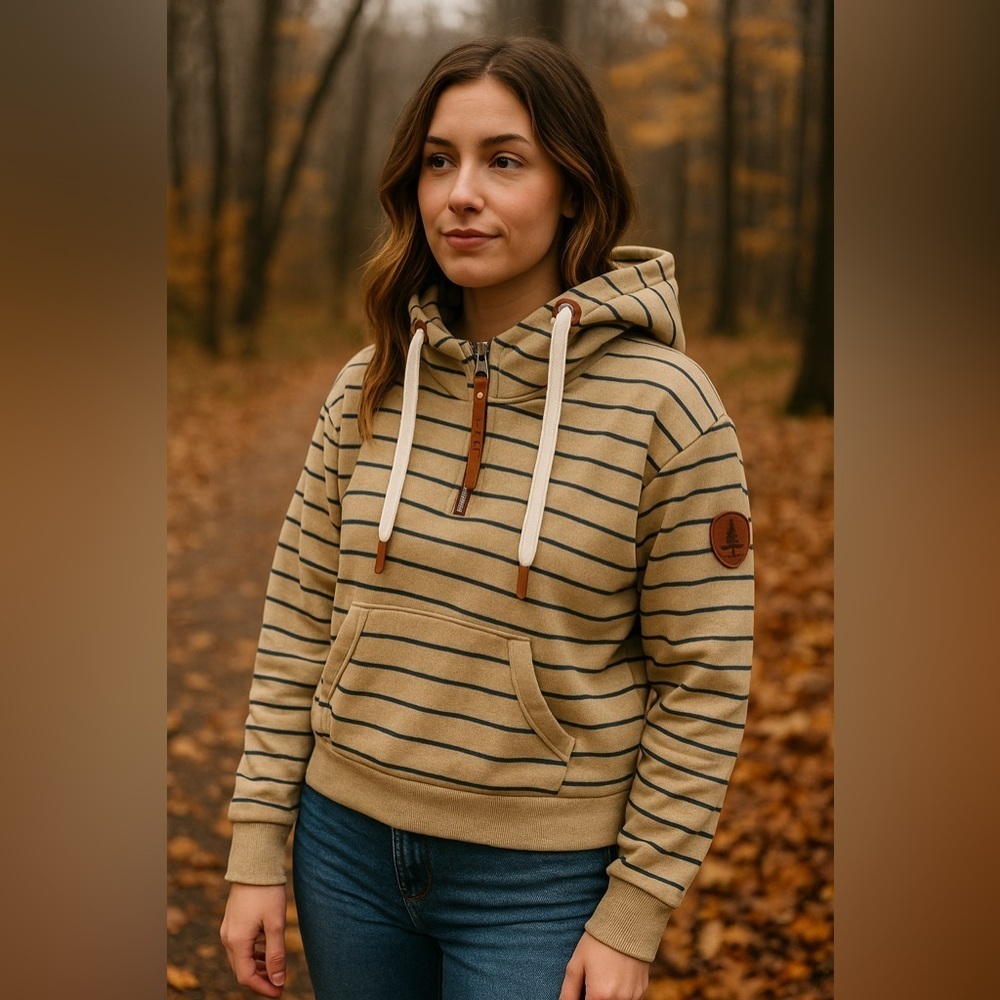 EUC Wanakome Women’s Tan and Black Striped Leila Hoodie Sz Large
